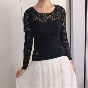Free People Black Long-sleeve Lace Top